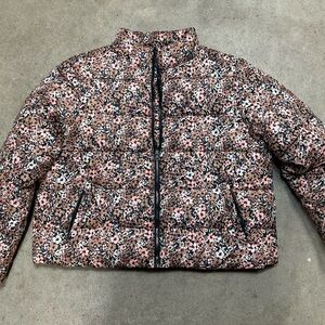 Time and Tru Black and Pink Floral Puffer Jacket